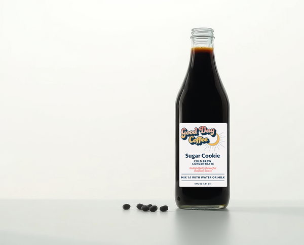 Bottle of Good Day Coffee Sugar Cookie cold brew concentrate on a white background