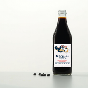 Bottle of Good Day Coffee Sugar Cookie cold brew concentrate on a white background